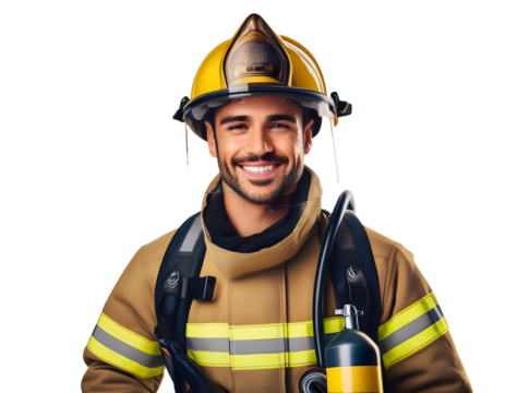 A smiling firefighter wearing a yellow helmet and a yellow jacket - Powered by Adobe