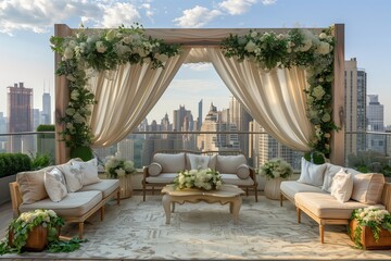 Obraz premium Elegant rooftop lounge with floral decor and city skyline, perfect for events and relaxation.