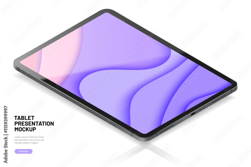 Poster 3D Tablet frame less blank screen. Empty screen device tablet mockup element. Can be used for mobile app, UI UX, business presentations. High quality EPS10 ultra realistic tablet with editable screen