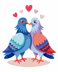 Romantic Valentine's Day Lovebirds Illustration with Hearts and Elegant Feather Details.