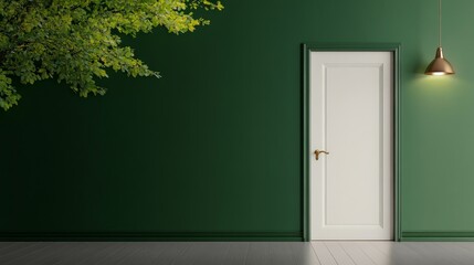 Elegant green interior with a white door, a pendant light, and a touch of nature from a nearby tree, creating a serene and inviting atmosphere for modern living spaces