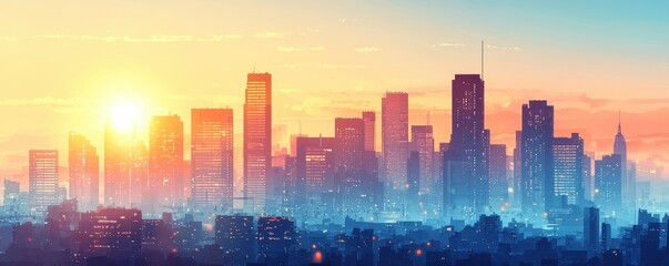 City skyline at sunrise with vibrant colors and tall buildings