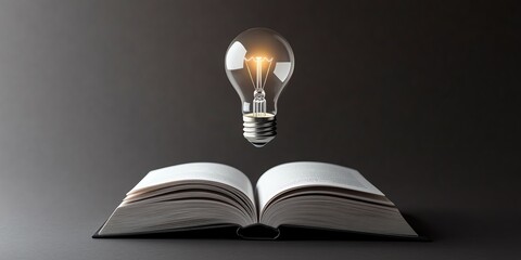 Open book with glowing bulb symbolizing knowledge and creativity.