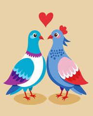 Romantic Valentine's Day Illustration of Two Lovebirds with Heart on Beige Background.