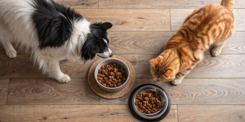 Obraz na płótnie Canvas Dog and cat eating together from bowls on wooden floor top view