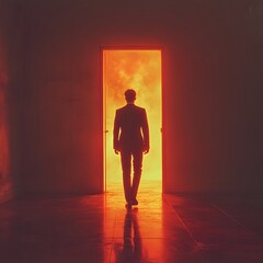 Obraz premium Silhouetted Man Walks Through a Door into Warm Ethereal Light