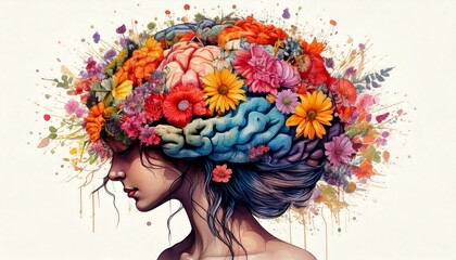 Watercolor brain illustration with blooming flowers symbolizing mental health.