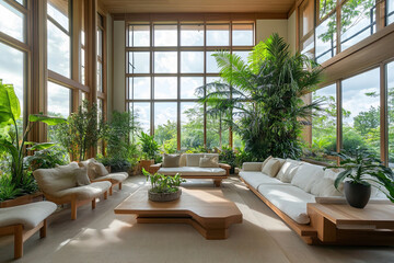 Obraz premium Großzügiges biophiles Wohnzimmer mit Panoramablick ins Grüne