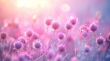 Obraz premium Close-up of purple wildflowers in soft morning light