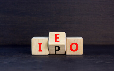 Initial public or exchange offering symbol. Concept words abbreviation IPO IEO on wooden block....