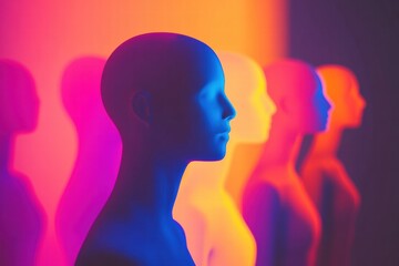 Colorful abstract faceless avatars in vibrant hues with space for text and design. Generative AI