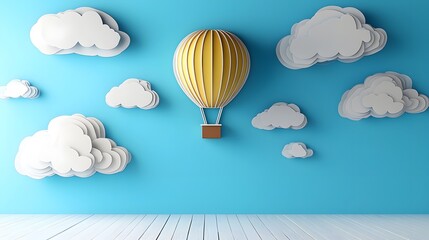 Colorful Hot Air Balloon Soaring Through Whimsical Paper Cut Clouds in Peaceful Sky Backdrop
