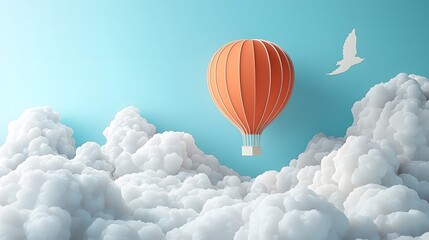 Fototapeta premium Captivating Hot Air Balloon Floating Amidst Wispy Clouds in Papercut Style Backdrop