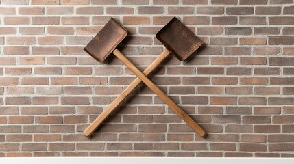 Rustic Wooden Shovels Crossed Against a Brick Wall, Symbolizing Craftsmanship and DIY Home Decor for Warm and Inviting Interiors