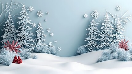 Serene Winter Landscape with Snowy Pine Trees and Christmas