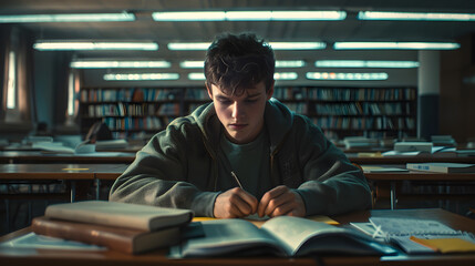 Focused Student Taking an Exam in a Classroom Setting, Surrounded by Books and Notes