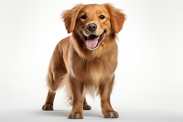 Fototapeta premium Playful golden retriever stands happily with a big smile, showcasing its friendly and vibrant personality.