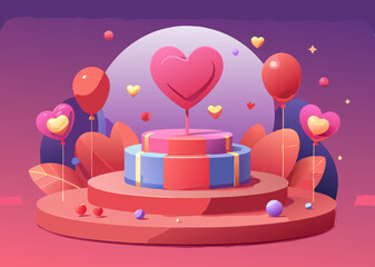 Elegant Valentine's Day Podium with Heart Centerpiece, Balloons, and Romantic Decor.