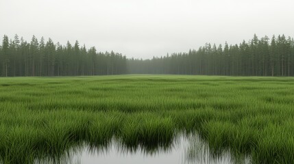 Tranquil Green Marshland Surrounded by Dense Forest Landscape