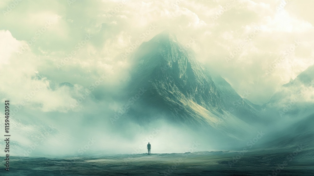 Poster lonely figure stands at the base of a towering mountain shrouded in mist during an overcast day. gen