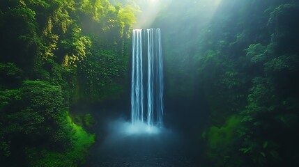 Lush green jungle waterfall cascading down mossy cliffs.