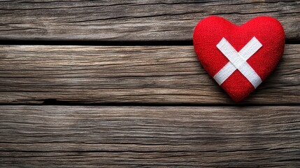 Fototapeta premium Red Heart with Bandage on Rustic Wooden Surface for Healing Themes