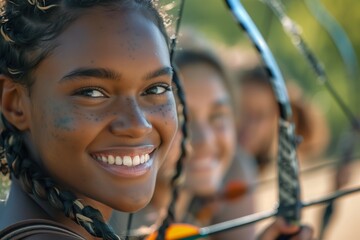 Smiling young woman sports a bow and arrow, showcasing confidence and skill in a vibrant outdoor setting.