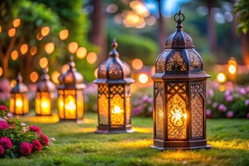 Obraz premium Lanterns glowing in a beautiful garden during Islam