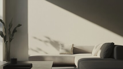 Modern minimalist living room with minimalistic furniture pieces. Featuring an open and clean layout with uncluttered lines