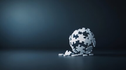 Abstract representation of a globe made of white puzzle pieces on a dark surface, symbolizing global connections, unity, and problem-solving in a creative way.
