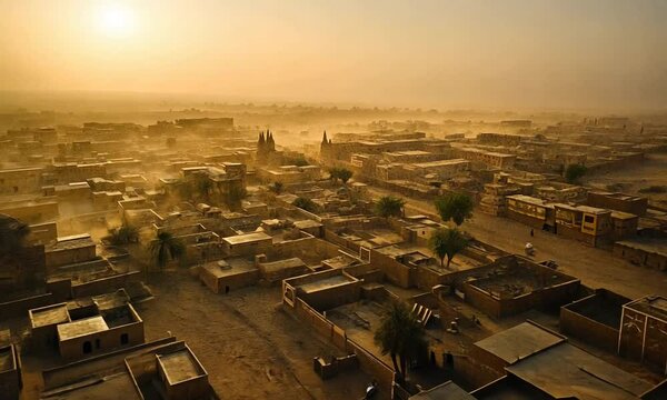 Dust-Swept Saharan Village at Sunset: An Aerial View of Traditional Architecture