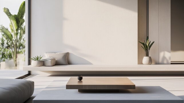 Modern minimalist living room with sparse furnishings. Featuring a clean layout with open space and uncluttered lines