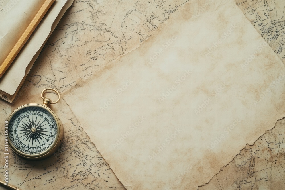 Aufkleber vintage map with compass and pencil ready for exploration and drawing empty space for notes. generat