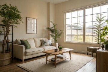 Beige Living Room with Plants and Large Window