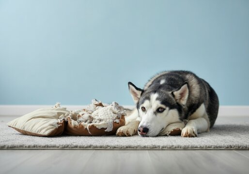 Playful husky dog resting near destroyed pillow lying on carpet at home
