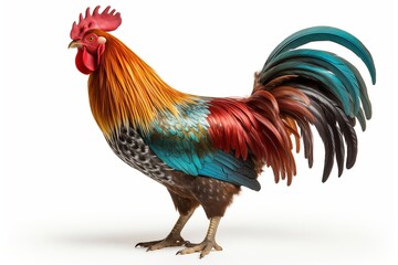 Fototapeta premium Vibrant and colorful rooster standing proudly, showcasing its stunning plumage and unique features.