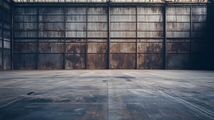 Rusty corrugated metal wall and dark floor interior