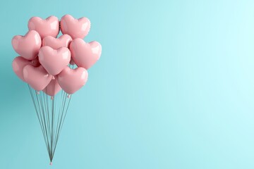 A cluster of pink heart-shaped balloons floats against a soft blue background, evoking feelings of love and celebration.