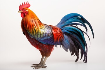 Fototapeta premium Vibrantly colored rooster showcasing stunning feathers and natural beauty, perfect for wildlife and farming themes.