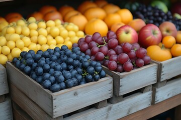 Fresh fruit in wooden crates at market.