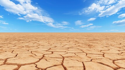 Arid Desert Landscape with Cracked Earth and Blue Sky Above