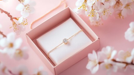 Elegant diamond bracelet in gift box surrounded by white blossoms on soft pink background