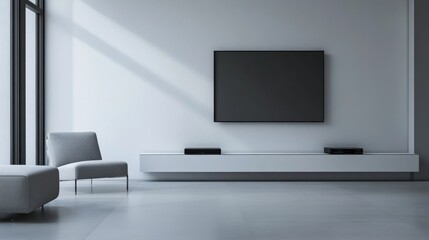Modern minimalist media room with minimal furniture. Featuring a clean, uncluttered design with contemporary lines