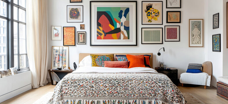 Maximalistisches Schlafzimmer mit floralem und geometrischem Muster-Mix