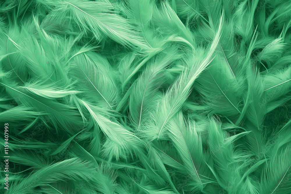 Poster feather-like textures in soft blues and greens, blending into a mist