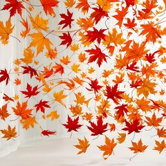 A whimsical flurry of vibrant orange, crimson, and golden autumn maple leaves swirl and dance in mid-air, their delicate stems and veins visible as they twirl and flutter against a pristine, transpare