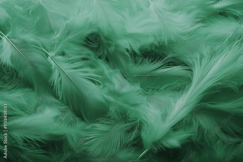 Poster feather-like textures in soft blues and greens, blending into a mist