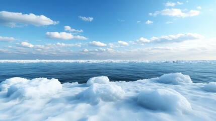 Obraz premium Tranquil Ocean Scene with Ice Floes Under Blue Sky and Clouds