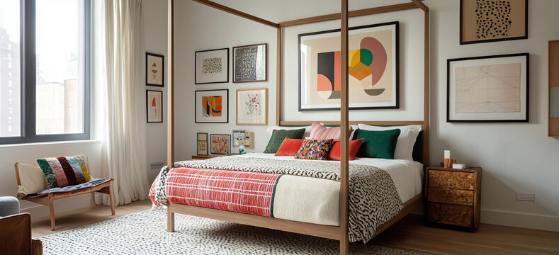 Maximalistisches Schlafzimmer mit floralem und geometrischem Muster-Mix