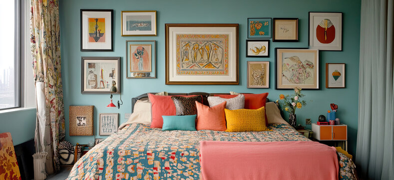 Maximalistisches Schlafzimmer mit floralem und geometrischem Muster-Mix